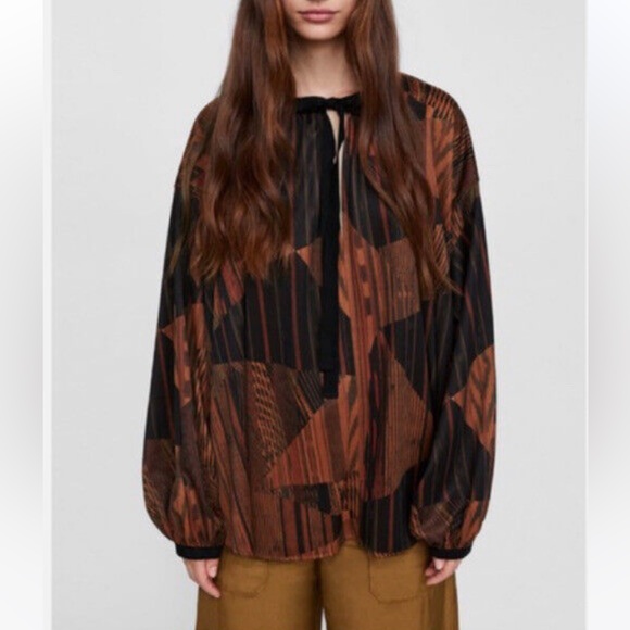 Zara Basic Oversized Blouse Shirt Tunic Boho Brown Geometric Size Small - Picture 11 of 11